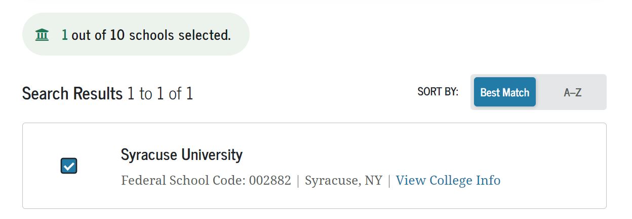 Image showing that Syracuse University was selected as a school on the FAFSA